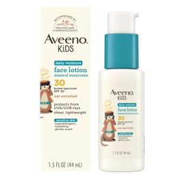 Aveeno Kids Loción facial hidratante diaria y protector solar mineral con SPF 30, hidratante facial enriquecido con avena para niños y protección solar de amplio espectro para pieles sensibles, hipoalergénico, 1.5 onzas líquidas