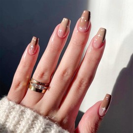 Short Press on Nails Coffin Fake Nails with White Star Dot Desingn Glue on Nails Brown French Tip Nails Press ons Glossy Artificial Stick on Nail for Women Girls 24Pcs