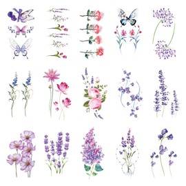 VIKSAUN 15 Sheets Temporary Tattoo Stickers Flower Skin Stickers Watercolour Lavender Temporary Tattoos Hand Neck Temporary Tattoos for Sticking on the Skin Sticker Waterproof (15 Sheets)
