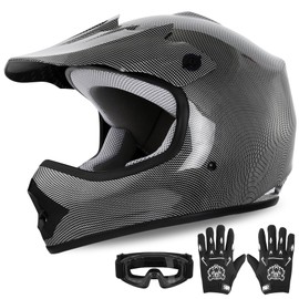 XFMT Kids Dirt Bike Helmet Youth Motorcycle Helmet DOT-Certified Full Face Helmets for Motocross ATV Off-Road Street Bike with Goggles & Gloves, Carbon Fiber Small