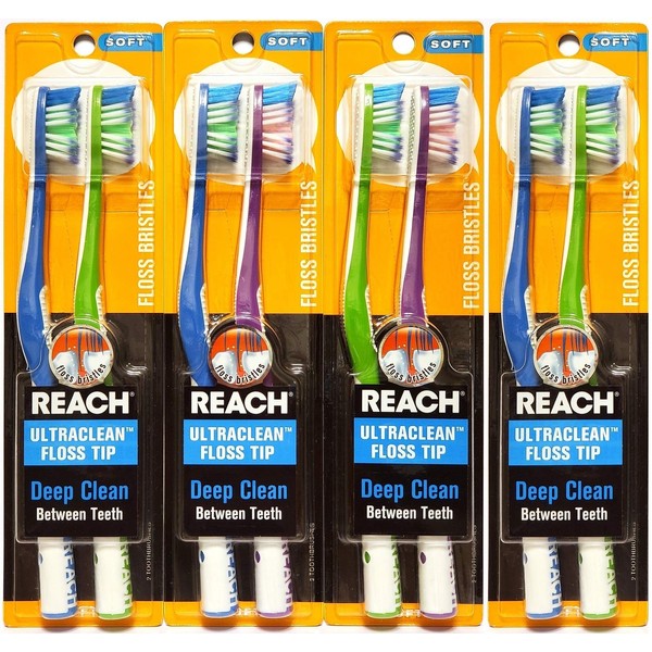 Reach Ultra-Clean Floss Tip Soft Toothbrush, Assorted Colors, 2 Count (Pack of 4) Total 8 Toothbrushes