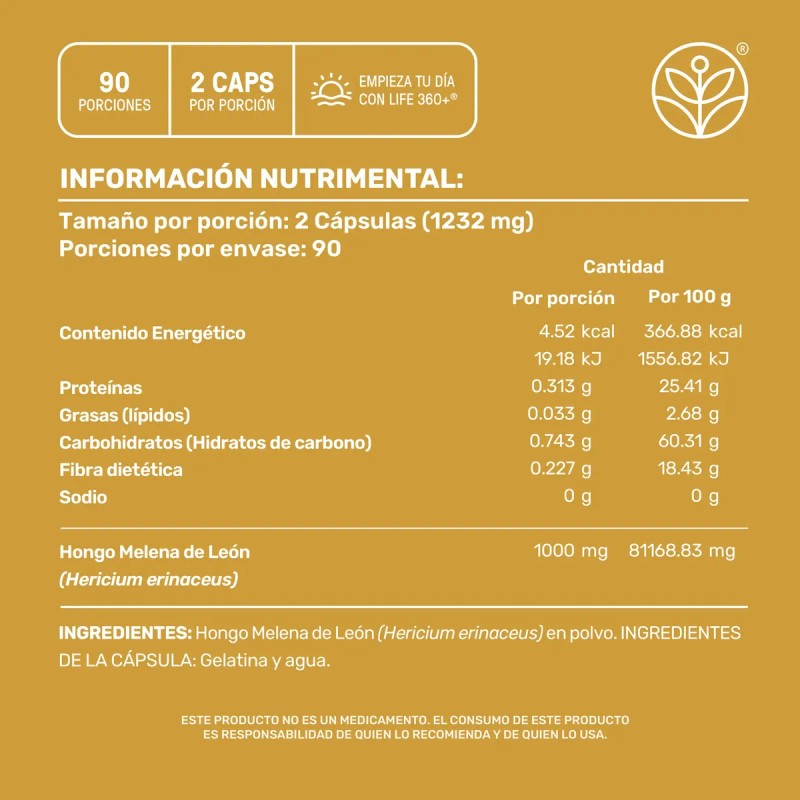 Hongo Melena León 180 Cápsulas Sabor Suplemento Alimenticio Life360