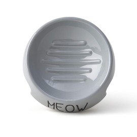 PetRageous 17014 Meow Inverted Angled Stoneware Dishwasher Safe Cat Bowl 6-Ounce 4.25-Inch Diameter 2-Inch Tall for Kittens and Small Cats or Large Cats, Grey