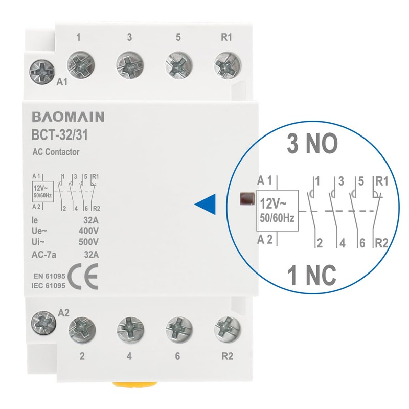 Baomain 12V AC 4-Pole Modular Contactor, 32A 3NO1NC Normally Open