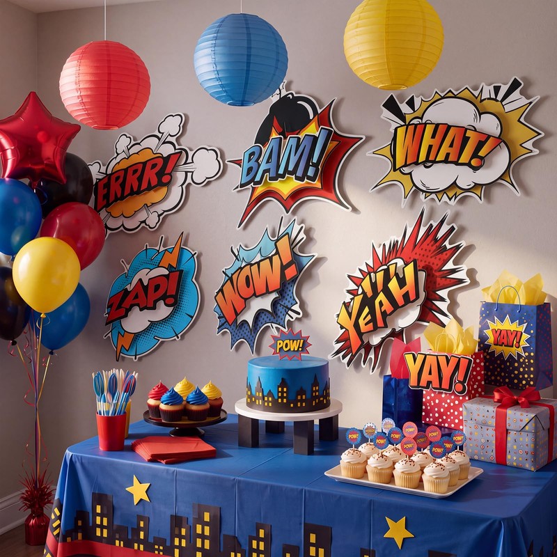 6 Pcs Hero Party Decor 3D Multilayer Comic Action Cutouts,