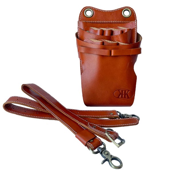 KK (Sanshiro Market) Genuine Leather Scissor Case, Commercial Scissor Bag, 7 Pieces (Genuine Leather Belt, Brown)