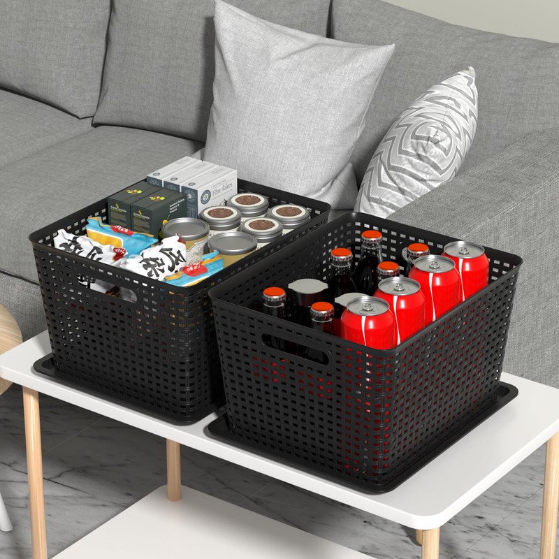 Ggbin 6-Pack Large Plastic Weave Basket with Lid, Black Storage