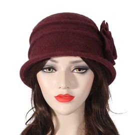 ZLYC Women's Winter Wool Fishing Hats Flowers 1920s Vintage Bowler Hat, Flowers Burgundy