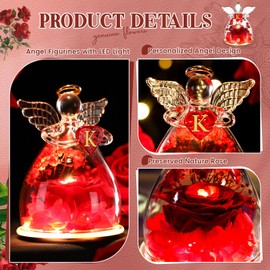 Moucuny Preserved Flower Rose Gifts in Glass Angel Figurines, Birthday Gifts for Women, Angel Rose Gifts for Her, Christmas Rose Gifts for Mom Mothers Grandma Thanksgiving(Letter K)