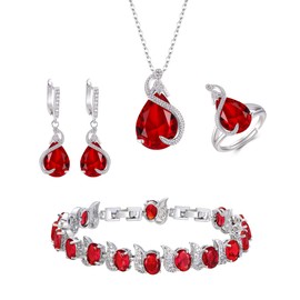 Ever Faith 4-Piece Drop Cubic Zirconia Jewellery Set, Glamour Pendant Necklace, Earrings, Tennis Bracelet and Open Ring Set for Women, Wedding Party, Clear Silver Tone, Cubic Zirconia