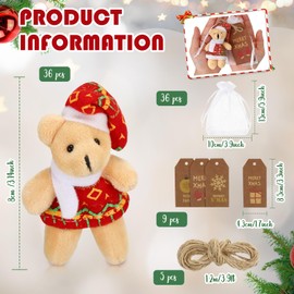 Huquary 36 Set 3 Inch Christmas Joint Mini Plush Bear Bulk Stuffed Animal Plush Toy Soft Small Bear Doll Key Chain with Tag Rope Organza Bag for Coworker Team Christmas Party Gift(Light Brown)