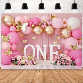 XUNJIN NO.1 First Birthday Backdrop Wonderland Flowers Butterfly Balloons Backdrop for Girl 1st One Year Old, Red, 7x5ft
