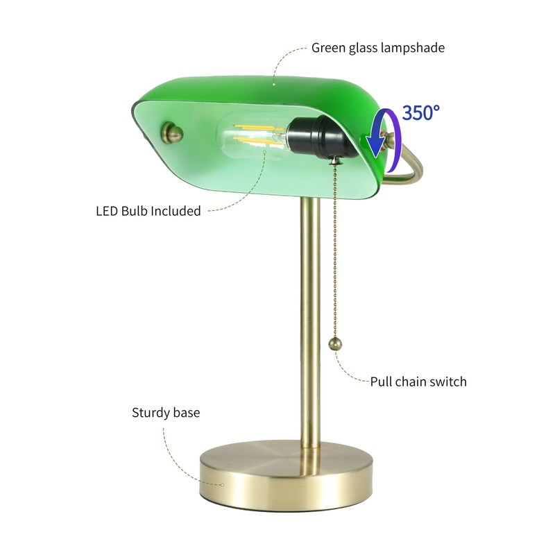 Newrays Traditional Green Glass Bankers Desk Lamp with Pull Chain