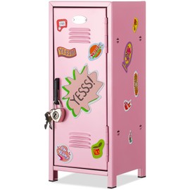 Vercraft Mini Locker with Lock Keys Stickers 10.8inch Small Storage Locker Desk Locker Metal Small Locker Miniature Storage Locker Functional Safe Metal Locker for Desktop Bedroom Home Office(Pink)