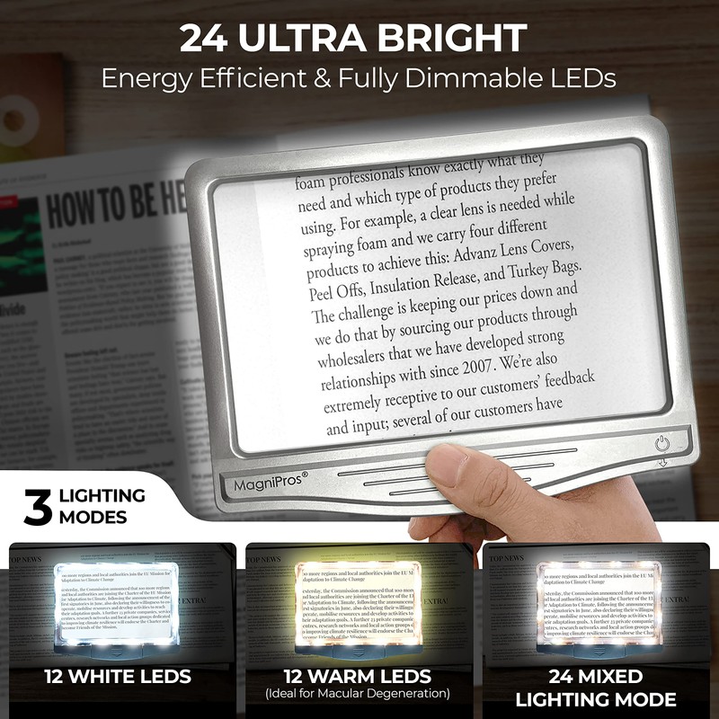 MagniPros 5X [Rechargeable] Large Ultra Bright LED Page Magnifier with
