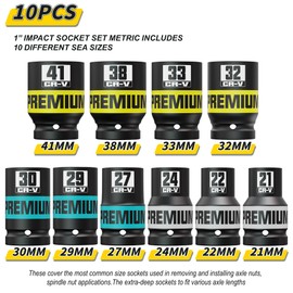 KIRXST 10 Piece 1" Drive Impact Socket Set, Metric Axle Nut Sockets, 21-41mm Thicker Jumbo Sockets, Socket Set, 6 Point, Cr-V, Vehicle and Apparatus Maintenance