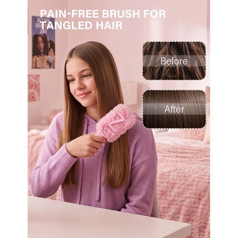 Initial Fluffy Detangler Brush & Compact Mirror, Cute Gifts for
