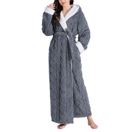 Flygo Plush Fleece Robe for Women Soft Warm Full Length Long Hooded Bathrobe with Hood Luxury Warm Housecoats(Grey-XL)