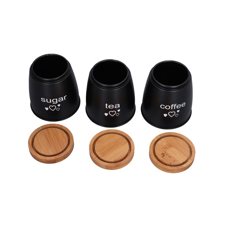 3Pcs Coffee Tea Sugar Container Set Bamboo Lid Durable Iron