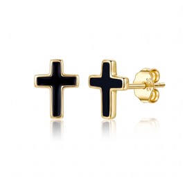 Reffeer Solid 925 Sterling Silver Cross Stud Earrings for Women Teen Girls Small Black Cross Earrings Studs (B-Yellow)