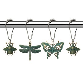 Antique Green Dragonfly Butterfly Bee Shower Curtain Hooks Rings, Rust Proof Stainless Steel Shower Hook for Natural Forest Garden Flowers Insect Theme Bathroom Decor Set 12 Pcs (Antique Green)