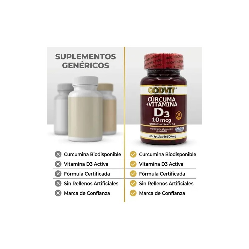 Cúrcuma Vitamina D3 Suplemento Godvit 30 Cápsulas 500mg