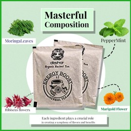 Akshit Natural Energy Boost Tea - 40 Tea Bags energy tea blend with Dried Moringa leaves, Hibiscus flowers, Peppermint, & Marigold Calendula Flowers, Pack of 5