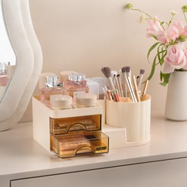 Corkovia Makeup Organiser with Drawers, 360 Rotating Skincare Organizer, Multifunctioanl Vanity Organizer, Cosmetic Storage Box Ideal for Dressing Table, Bathroom, Desk, Bedroom (Cream)