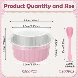 Hushee 600pcs Aluminum Baking Cups with Lids and Spoons 5oz Disposable Ramekins Dessert Muffin Creme Brulee Cupcake Liners Containers for Bakery Birthday Christmas Party(Pink, Round)