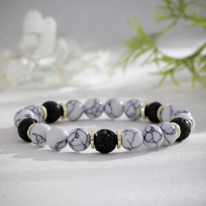 EQUBIO 8mm Lava Rock Howlite Bead Bracelet for Men, Matte