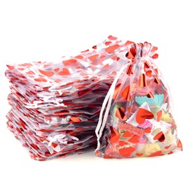 PLECUPE 100Pcs Organza Bags Medium, 10x15cm Heart Wedding Favours Christmas Organza Gift Bag, Jewellery Pouches with Drawstring, Candy Pack for Wedding, Christmas, Birthday, Valentine's Day