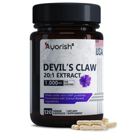 Ayorish Devils Claw 1000mg | 120 Capsules | 20:1 Concentrated Root Extract | Devils Claw Herbal Supplement | Non-GMO, Gluten Free Supplement