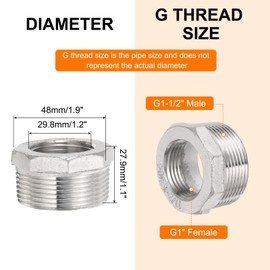 sourcing map 2 Pcs 304 Stainless Steel Reducer Hex Bushing G1-1/2 Male x G1 Female Threaded Reducing Pipe Adapter Fitting with PTFE Tape for Plumbing, Fuel Lines, and Pneumatic Systems