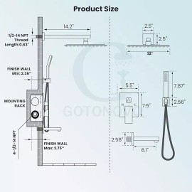 Gotonovo Black 12" Rainfall Shower Faucet Set Shower Head Combo Kit W/Tub Spout Mixer Tap