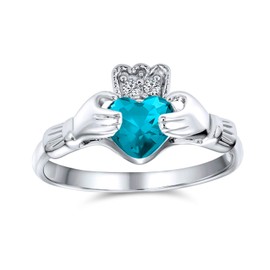 BFF Celtic Irish Friendship Promise AAA CZ Simulated London Blue Topaz Hands & Heart Claddagh Ring For Women Teens .925 Sterling Silver