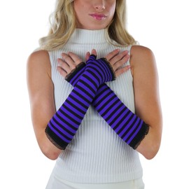ToBeInStyle Women's Striped 100% Nylon Arm Length Warmers, Mini Lace Trim - Black W/ Purple Stripes, One Size