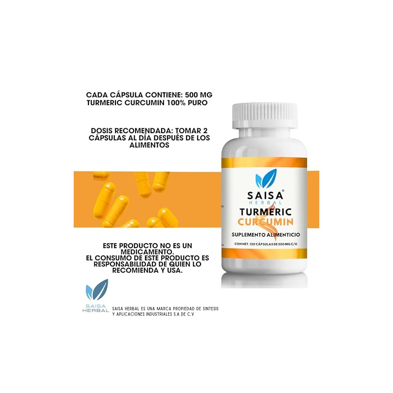 Turmeric Cúrcuma 100% Pura Con 120 Cápsulas Saisa Herbal