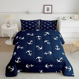 Manfei Summer Anchor Comforter Set Twin Size, Nautical Anchor Bedding Set 2pcs for Kids Boys Teens Bedroom Decor, Fashion Navy Blue Quilt Set Soft Polyester Duvet Set with 1 Pillowcase