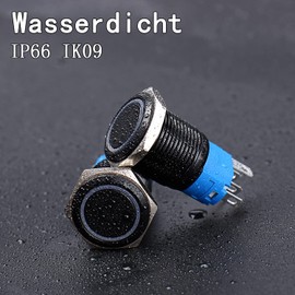 JIQI 2 x 16 mm Momentary Waterproof Pressure Switch 12 V to 24 V 3 A On/Off Button Switch with LED Lighting Black Metal Housing IP66 1NO1NC Pre-Wired Momentary Push Button for Car DIY Car (Green)