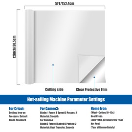 Heat Transfer Vinyl, 12" x 5ft Iron On Vinyl for Fabric, PU Vinyl for DIY T-Shirt, Clothing, Pillows Fabric, Hats, Bags and Other Textiles, HTV Vinyl Roll (White)