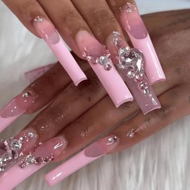 Press on Nails Long Coffin Shaped Glossy Full Cover Acrylic Square Long False Nails with Designs Artificial Extra Long Coffin Fake Nails with Charm Glue Stick on Fingernails for Women Girls(SGCY256)