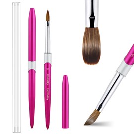 Acrylic Nail Brush Size 8#, 100% Pure Kolinsky Hair Acrylic Crystal Hot Red Pink with Silver Ferrule Round Shaped for Women Girls Manicure Tools Accessories