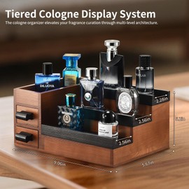 GLOKUUCA Perfume Stand Organizer for Men, 3 Tier Perfume Display Shelf with Velvet Lining Drawer and Hidden Compartment (Walnut Black - 2 Drawer)