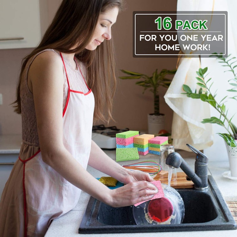 PANYEE Cleaning Scrub Colored Sponge,Non-Scratch Kitchen Cellulose Dishwashing Sponge,16Pack Biodegradable