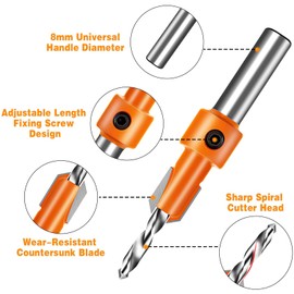 Countersink Drill Bit Set, 16-Piece Countersunk Drill Bit Metal Diameter 8 mm, Drill Countersink with Hex Key, Wood Drill with Countersink for Wood Processing Drill Holes