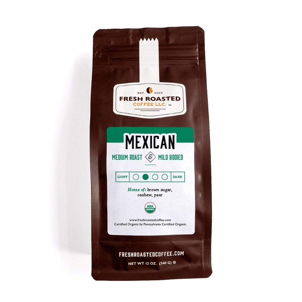 Fresh Roasted Coffee, Organic Mexican, 12 oz, Medium Roast, Kosher, Mold & Mycotoxin Tested, Whole Bean
