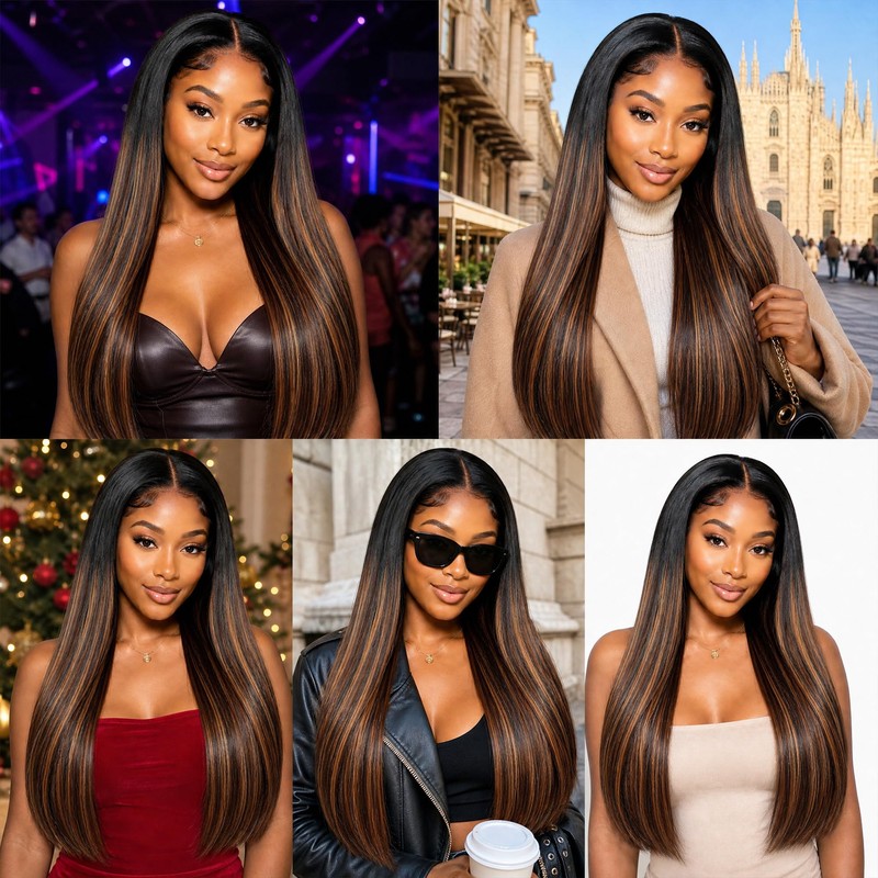 T1B/P430 Highlighted Light‑Brown Straight Hair Bundles 14/16/18