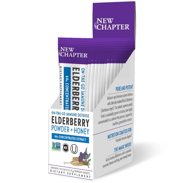 New Chapter Elderberry Powder On The Go Sticks,64x Concentrated Black Elderberry + Organic Honey, Non-GMO, Kosher, Gluten Free, (15 Count of 0.8 oz Packets) 12 oz