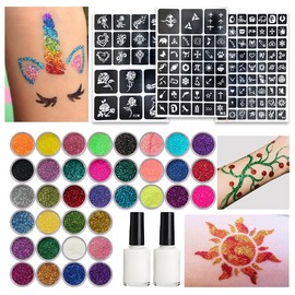 DIY Glitter Makeup Set with Stencil Designs - Applicable for Flash Powder Eyes Cheeks Hair, Easy Wash Off
