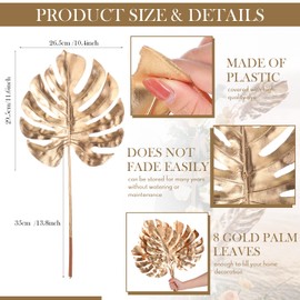 8 Pcs Artificial Gold Palm Leaves Plants 23.6 Inch Large Plastic Tropical Palm Leaves Fake Floral Boho Gold Leaf Flowers for Wedding Party Garland Home Vase Hawaiian Luau Party Decoration, Turtle Leaf